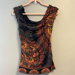 Desigual Top Sleeveless Vibrant Colors Mandala Pattern Pintuck Sz S EUC